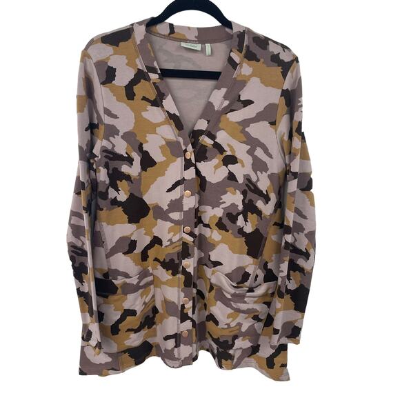 LOGO by Lori Goldstein Pink Yellow Camo Print Snap Button Front Cardigan Small - Picture 1 of 6